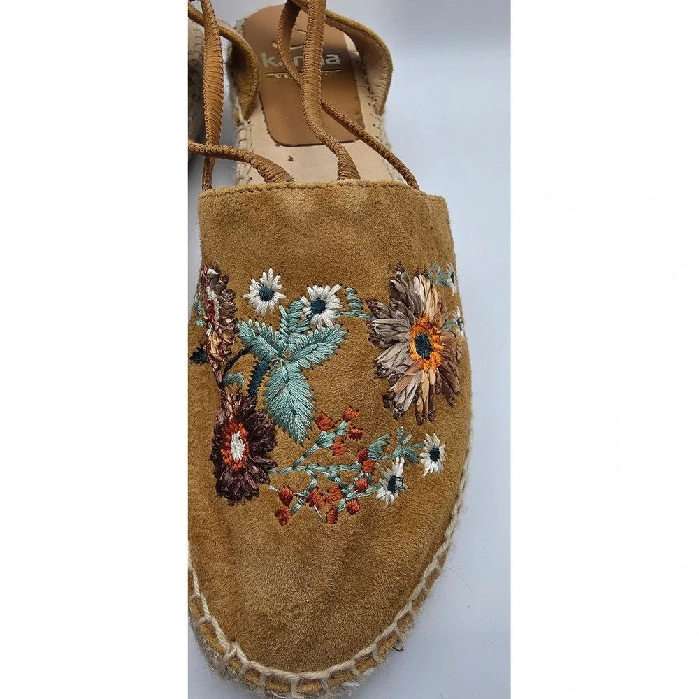 Kanna Spain Tan Suede Floral Embroidered Espadrille Slingback Flats Size 41